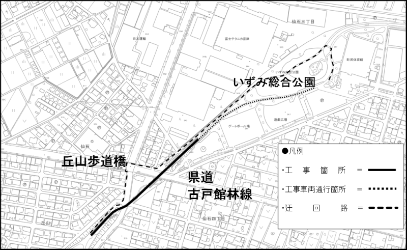 いずみであいふれあい橋を工事します。工事個所はいずみであいふれあい橋。迂回路はいずみ総合公園東側駐車場からいずみ総合公園の北側歩道を通り、橋の北側の下を通り、丘山歩道橋を渡っていずみであいふれあい橋の西側へ向かう道となります。